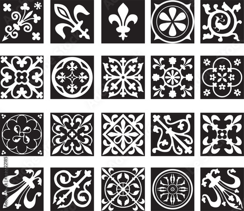 Vector black monochrome set of ancient Roman ornament elements. Classic European parts of patterns. Lilies and crowns..