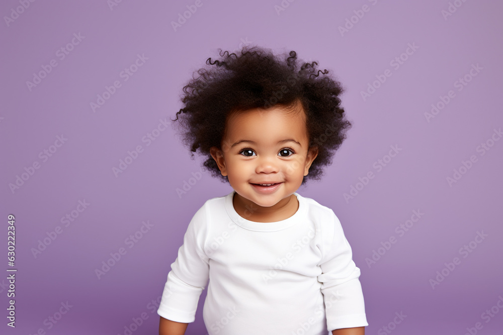 cute black baby girl wearing white blank shirt or bodysuit on a pastel purple background, studio shot, design mockup