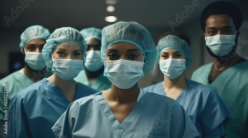 Surgeon team in surgical operating room, talented surgeons wearing medical masks successfully performed complex surgery on patient, group portrait of black physicians in medical coat, generative AI