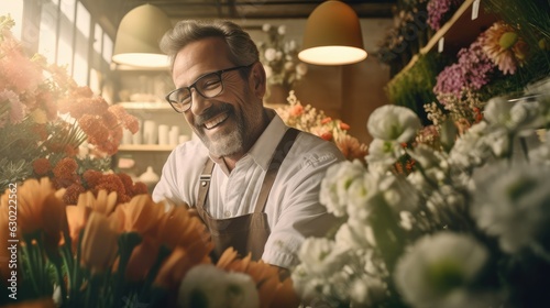 Smiling florist man flowers seller in flowers shop, attractive man works with bouquet of beautiful fresh flowers in shop, happy floral designer handling flowers, floristry business, generative AI