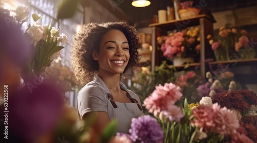 Smiling florist black woman flowers seller in flowers shop  attractive woman works with bouquet of beautiful flowers in shop  happy floral designer handling flowers  floristry business generative AI