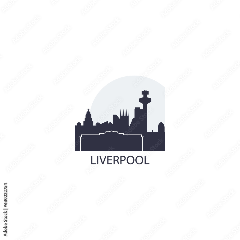 UK North West England Liverpool city cityscape skyline panorama vector flat modern logo icon. United Kingdom Merseyside county emblem idea with landmarks and building silhouettes at sunrise sunset