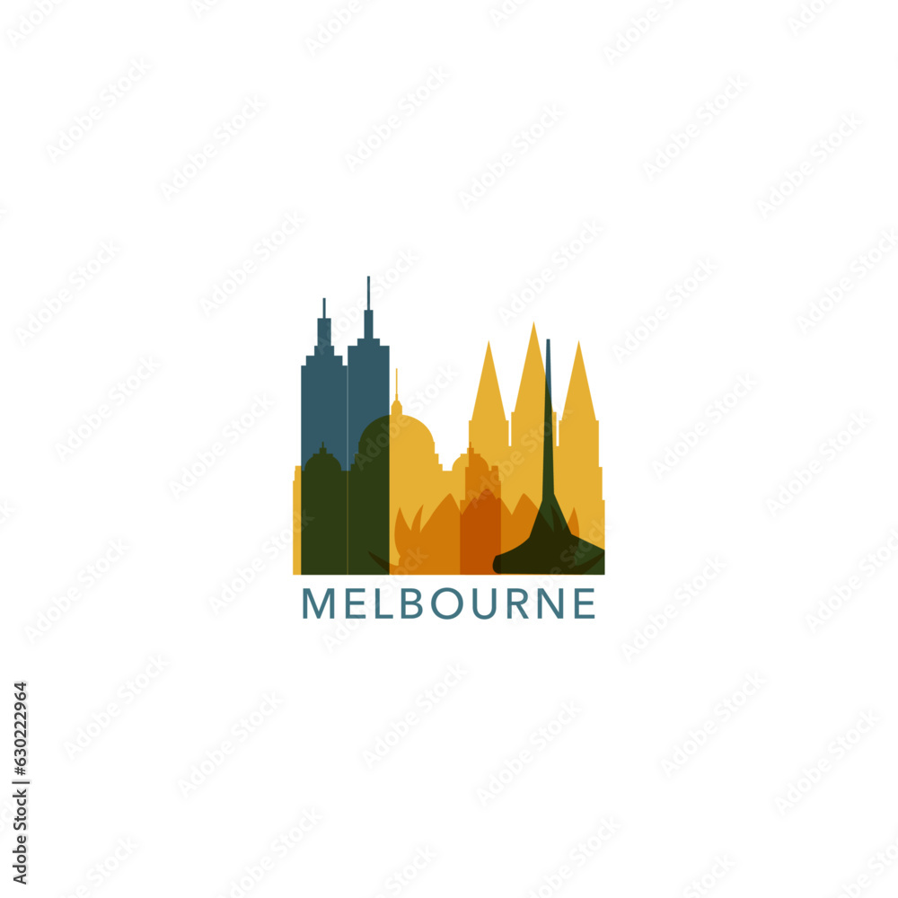 Australia Melbourne cityscape skyline capital city panorama vector flat modern logo icon. Victoria region emblem idea with landmarks and building silhouettes