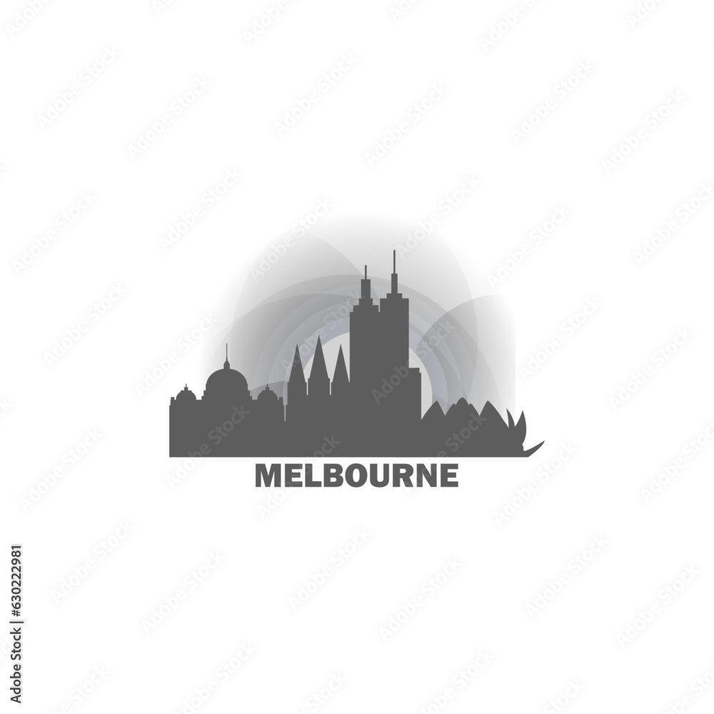 Australia Melbourne cityscape skyline capital city panorama vector flat modern logo icon. Victoria region emblem idea with landmarks and building silhouettes at sunrise sunset