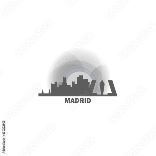 Madrid cityscape, skyline, panoramic vector flat logo, icon. Spain city emblem concept with landmarks and buildings at sunrise, sunset