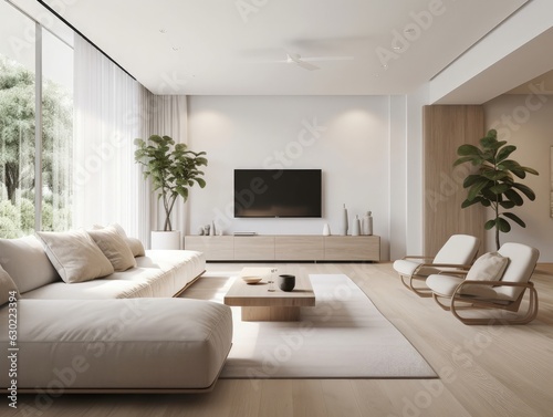 White modern living room with television and decoration. Generative AI