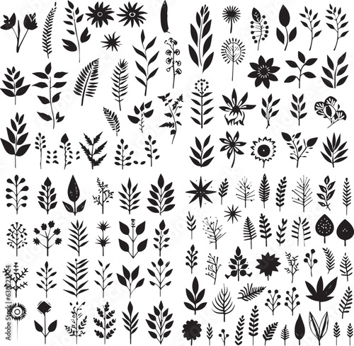 set of primitive flowers and leaves in black color flat on white background