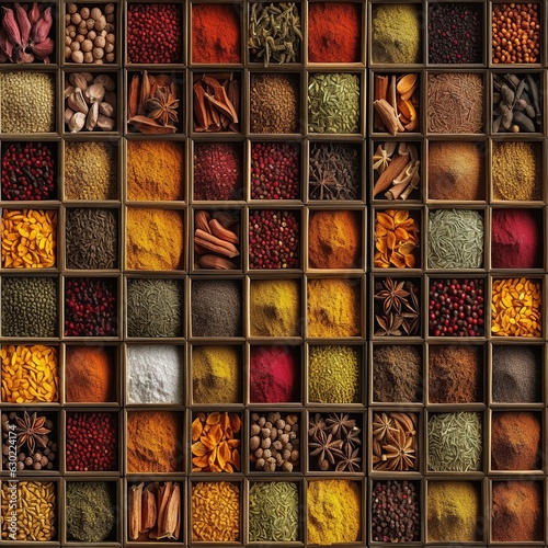 Seamless pattern with different spices, top view flat lay background. Colorful condiment in containers.