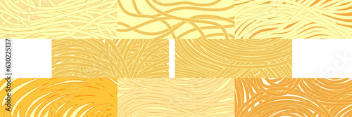 Noodle Ramen Pattern set yellow background. Pasta food texture spaghetti geometric. Abstarct ramen ornament. Flat vector illustartion. Wave texture background