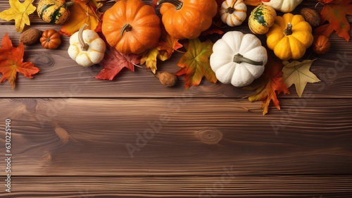 Autumn and Thanksgiving day table top setting with fallen leaves, pumpkins, spices, empty blank space and retro vintage cutlery on brown wooden table. Top view, toned image. Generative AI