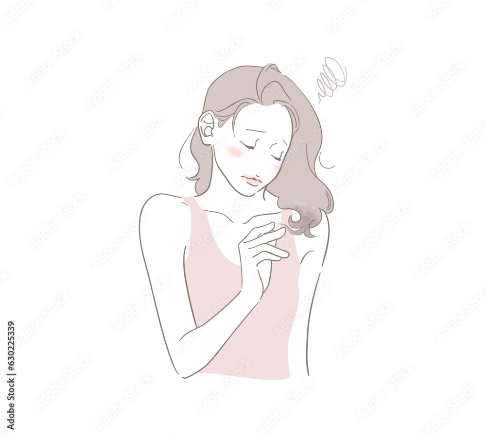 髪の毛、毛先の傷み・ダメージが気になる女性（着衣あり）