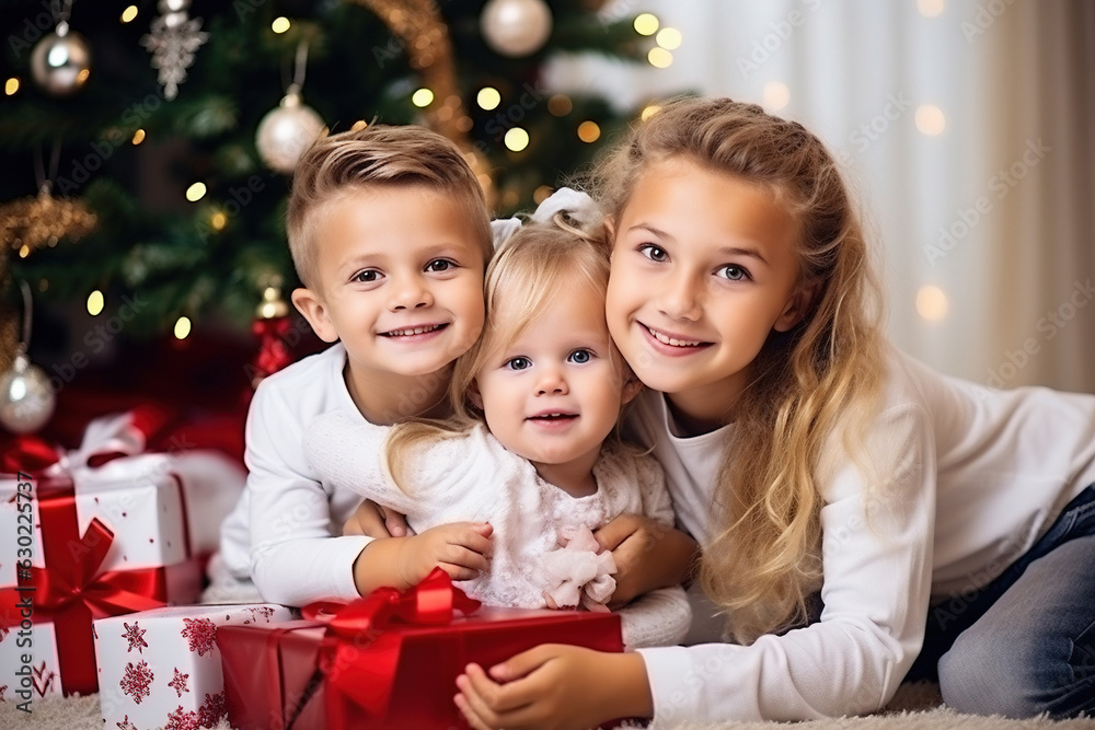 happy children sitting by the Christmas tree in the living room smiling.