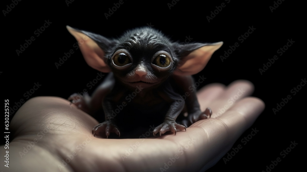 Fototapeta premium cute mogwai with big cute eyes sleeping in a human hand