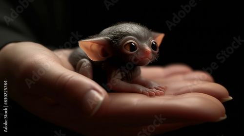 cute mogwai with big cute eyes sleeping in a human hand photo