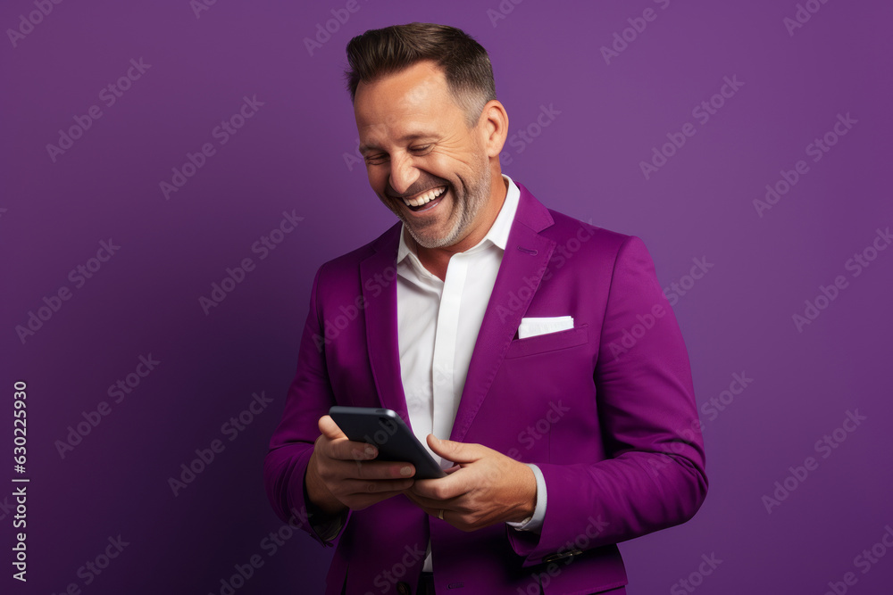 man with phone on purple background. man with phone on purple background.