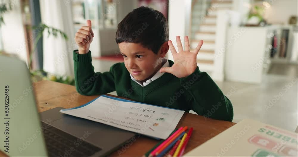 Laptop, education and e learning with a student boy in his home for remote class online. Computer, video call and child development with a male pupil in private home school for distance scholarship