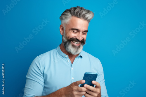 man with phone on blue background. © AI_images