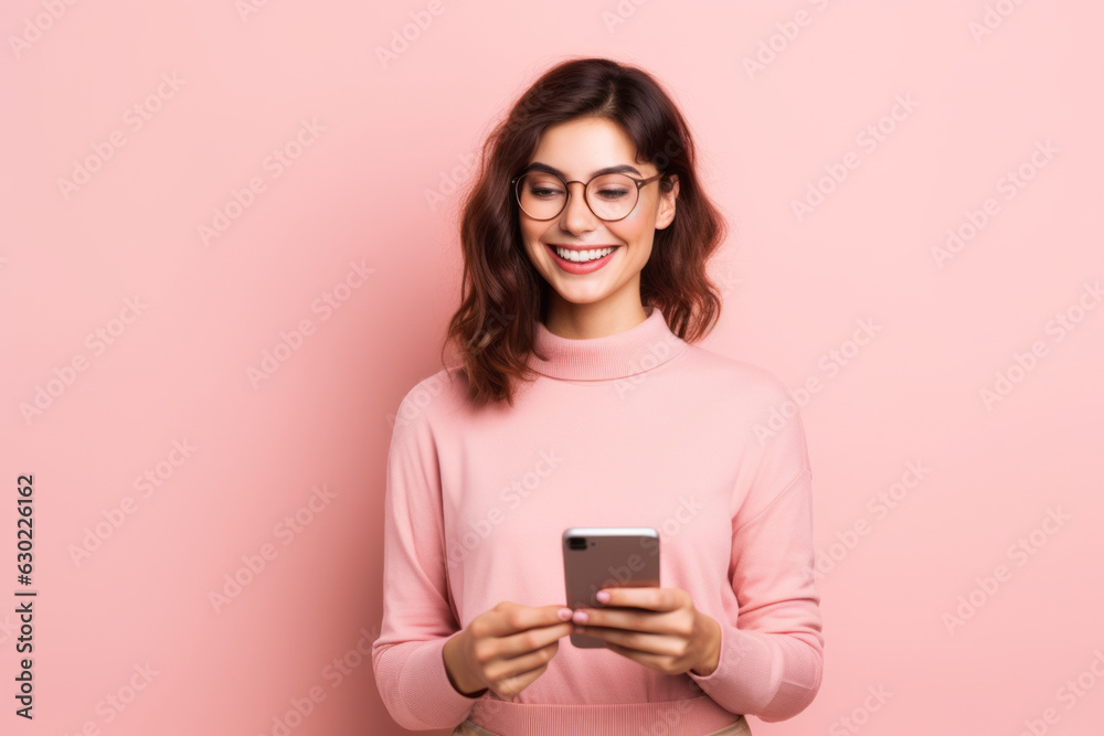 woman with phone on pink background. woman with phone on pink background.