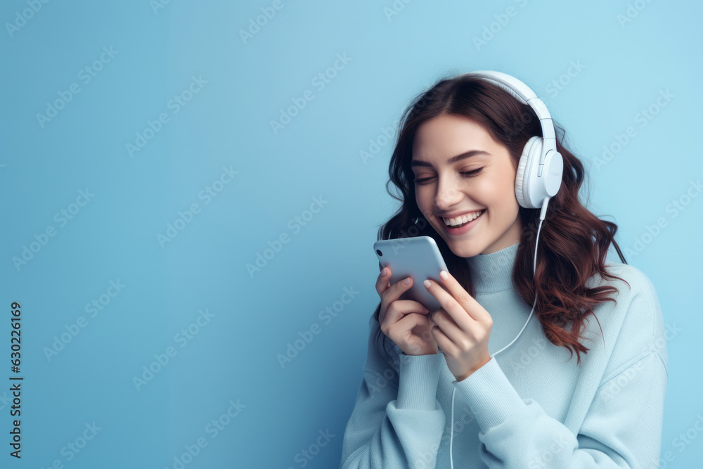 woman with phone on blue background. woman with phone on blue background.