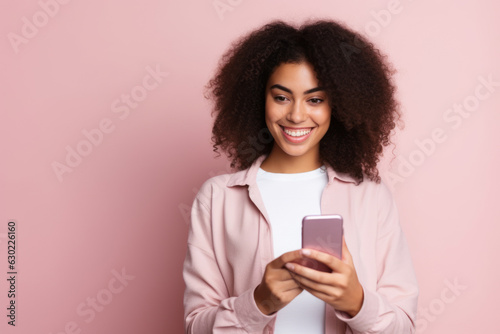 woman with phone on pink background.