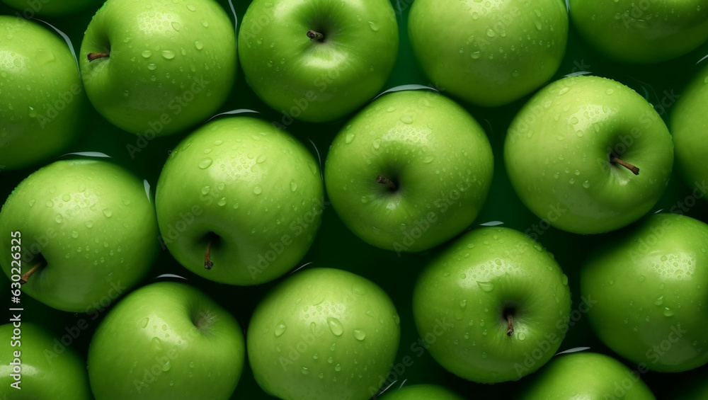 Obraz premium Top view of bright ripe fragrant green apples with water drops