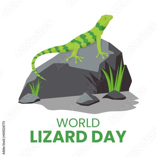 Cartoon green lizard on rock or stone suitable for world lizard day