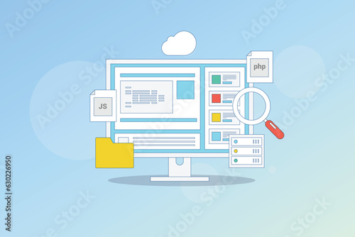 CMS driven website. Content management software. Web content management. CMS software application managing website. Vector illustration background.