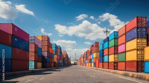 Colorful containers at the pier for ads and background Container stack Import and export concept