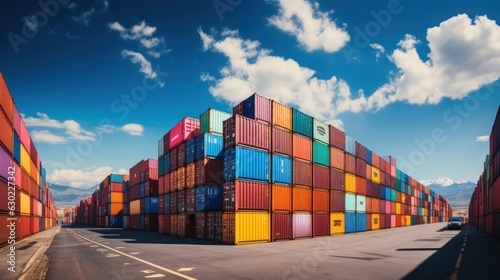 Colorful containers at the pier for ads and background Container stack Import and export concept