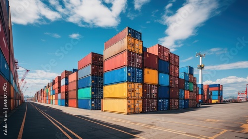 Colorful containers at the pier for ads and background Container stack Import and export concept