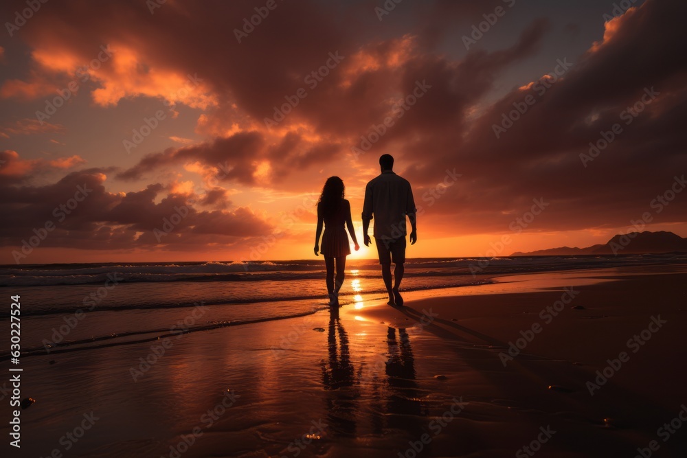 Couple Watching A Vibrant Sunset On The Beach, Generative AI