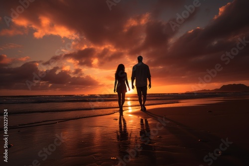 Couple Watching A Vibrant Sunset On The Beach, Generative AI