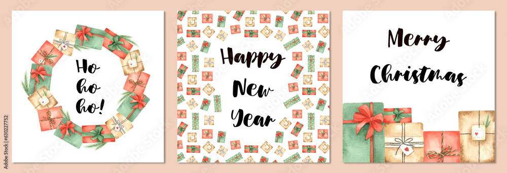 Obraz premium Set of Christmas cards, invitations in colorful gift boxes. Holiday presents. Preparation for the celebration of Christmas and New Year.