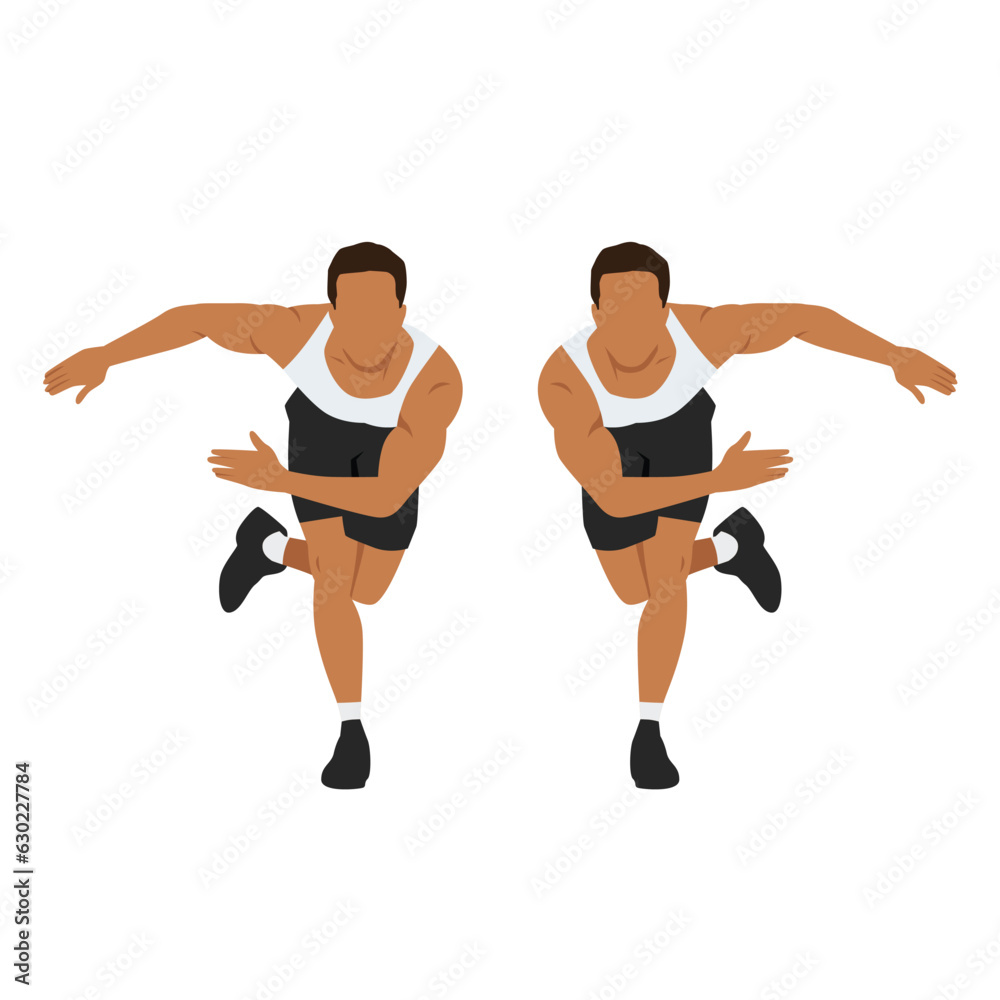 Man doing side or lateral shuffles or hops skaters exercise. Flat vector illustration isolated on white background Man doing side or lateral shuffles or hops skaters exercise. Flat vector illustration isolated on white background
