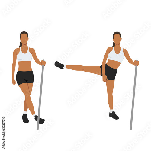 Woman doing side lateral leg or hip swings exercise. Flat vector illustration isolated on white background