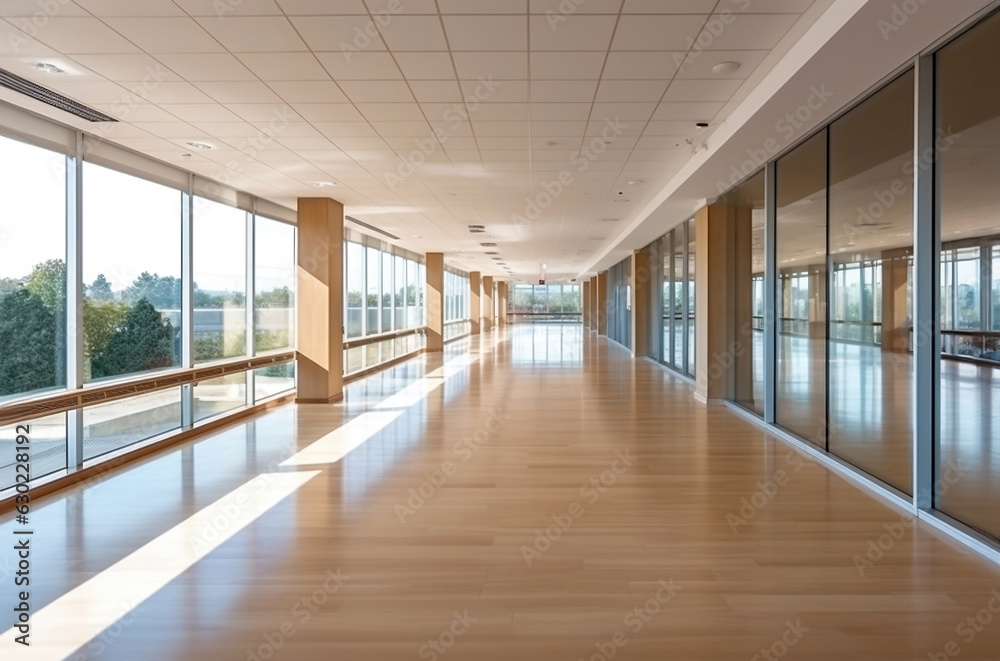 A beautiful modern spacious office hall with panoramic windows and a perspective in pleasant natural beige and brown tones.