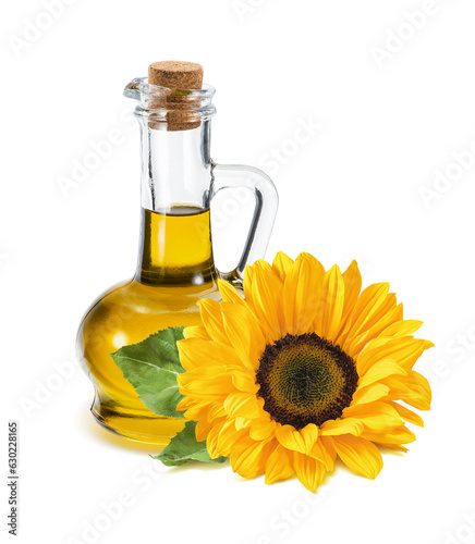 Sunflower flower and bottle of oil isolated on white background