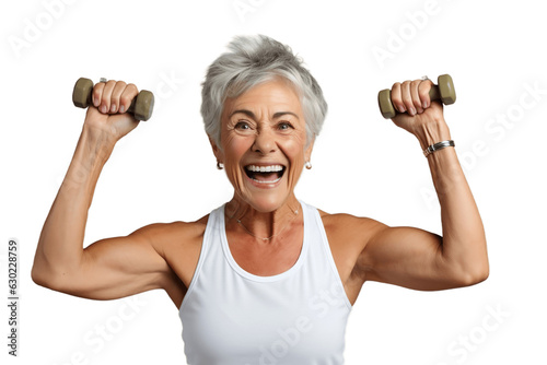 Senior Woman Exercising with Dumbbell in Gym on Transparent Background. AI