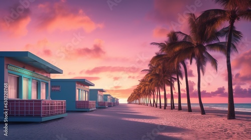Generative AI, Miami beach huts, Summer Vibes retro illustration. Vintage pink and blue colors, buildings, California palms, 80s style   © DELstudio