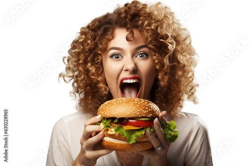 Fotografie, Obraz Woman Eating Burger on Transparent Background. AI
