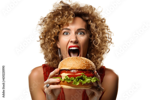 Woman Eating Burger on Transparent Background. AI