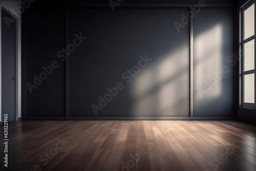 Empty light dark wall with beautiful chiaroscuro and wooden floor. Minimalist background for product presentation, mock up, Generative AI