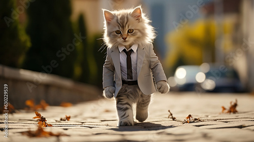 kitten Persian cat wearing a suit walking like a human in the street