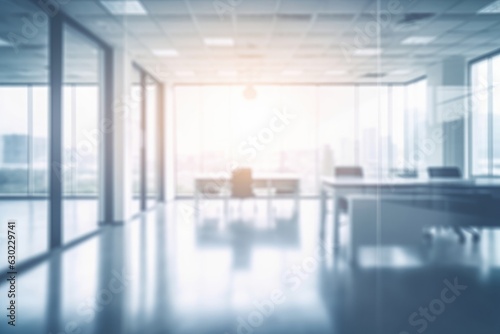 Beautiful blurred background of a light modern office interior with panoramic windows and beautiful lighting, Generative AI