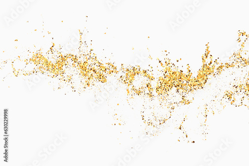 Texture golden glitter, white background. Golden particles. Glitter confetti explosion