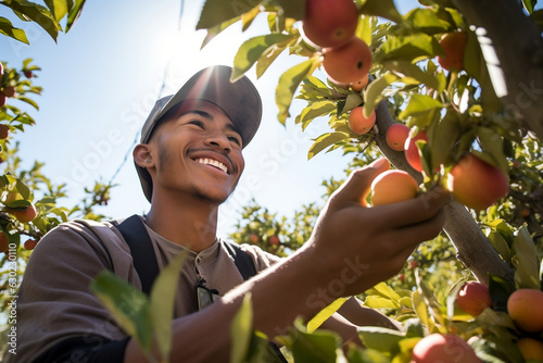 Happy Polynesian Worker Man Harvesting Apples in an Orchard