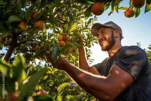 Happy Polynesian Worker Man Harvesting Apples in an Orchard