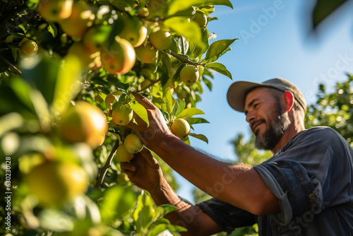 Happy Polynesian Worker Man Harvesting Apples in an Orchard photo