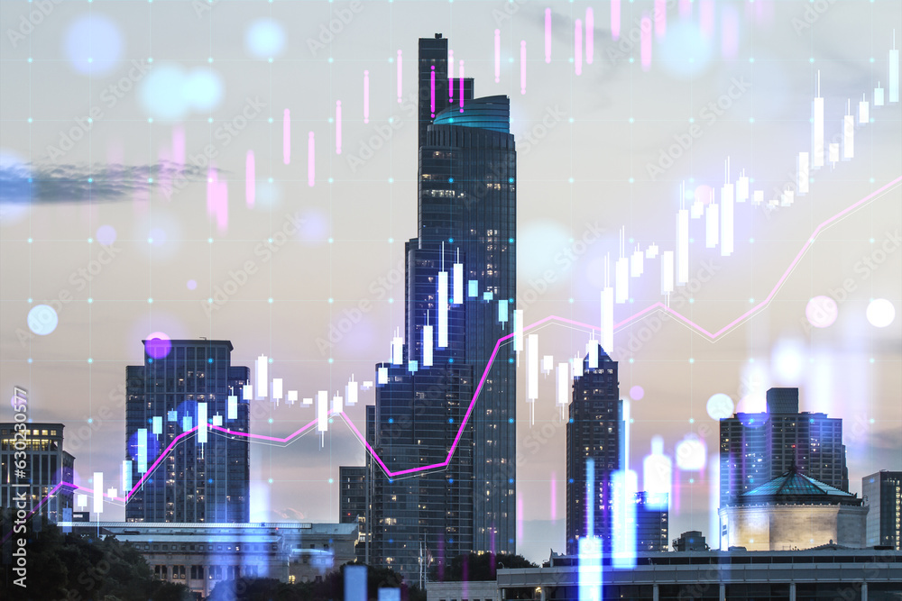 Creative glowing candlestick forex chart on blurry city buildings wallpaper. Technology, trade and financial data concept. Double exposure.