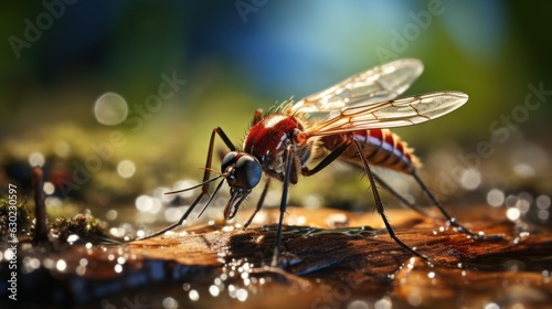 Macro shot of a mosquito in its natural habitat, bright day. © sirisakboakaew
